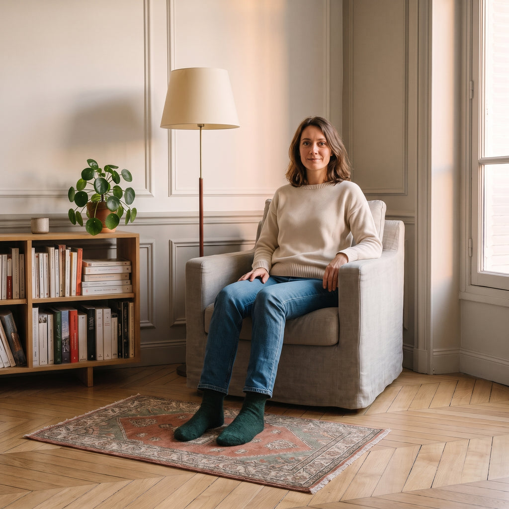 Chaussettes unies vertes portées aux pieds dans un coin lecture