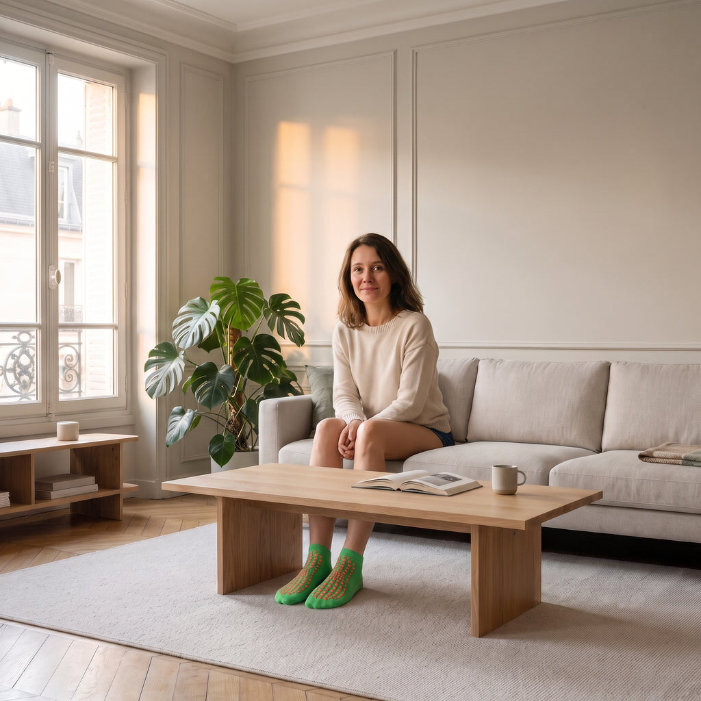 Chaussettes antidérapantes vertes portées aux pieds