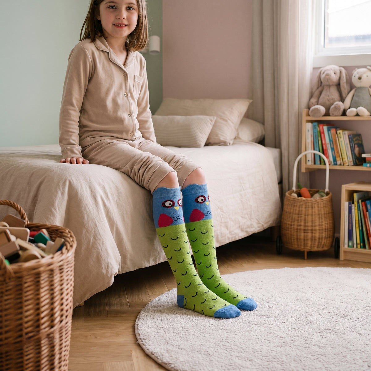 Chaussettes hautes vertes à chouettes portées par une enfant