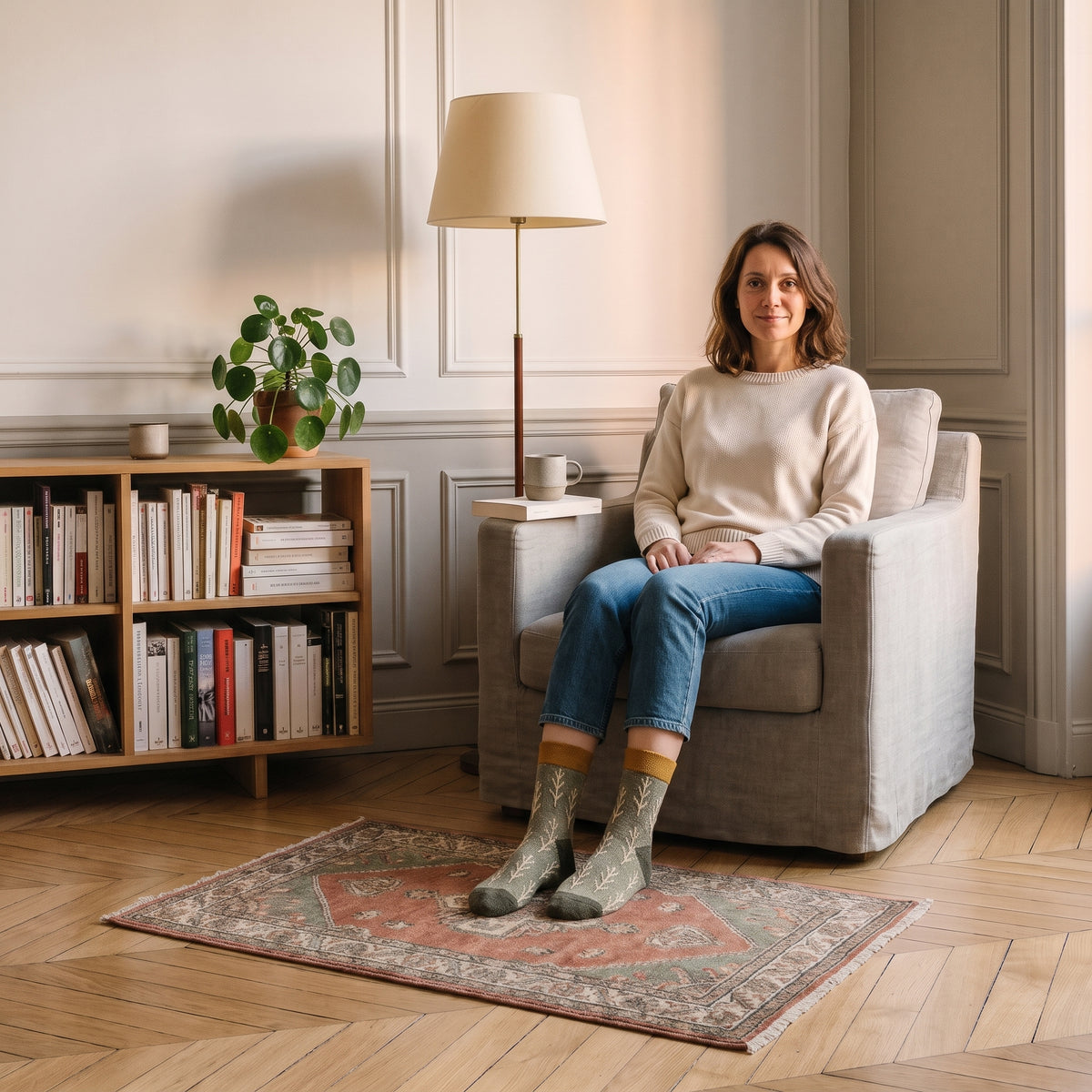 Chaussettes vertes à motif feuillage portées aux pieds dans un coin lecture