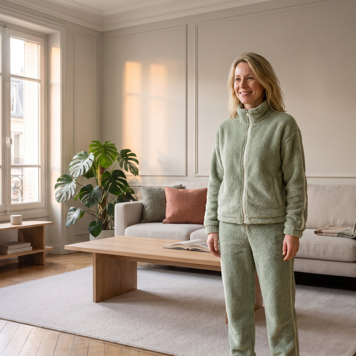 Ensemble en molleton vert porté par une femme