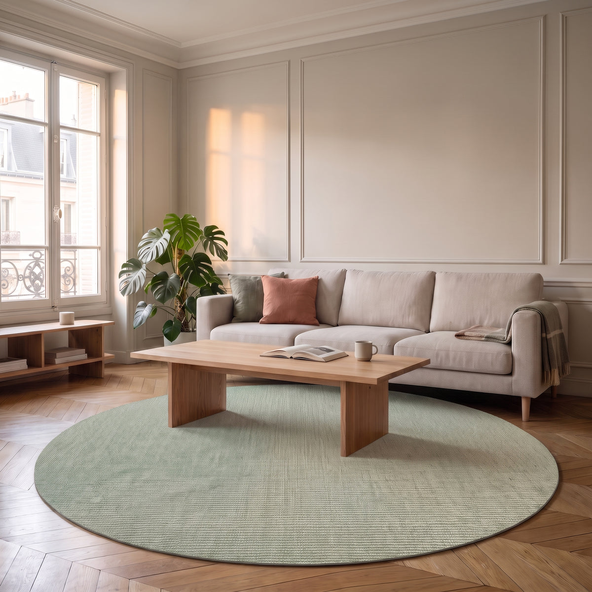 Tapis rond vert en sisal posé à plat devant un canapé clair