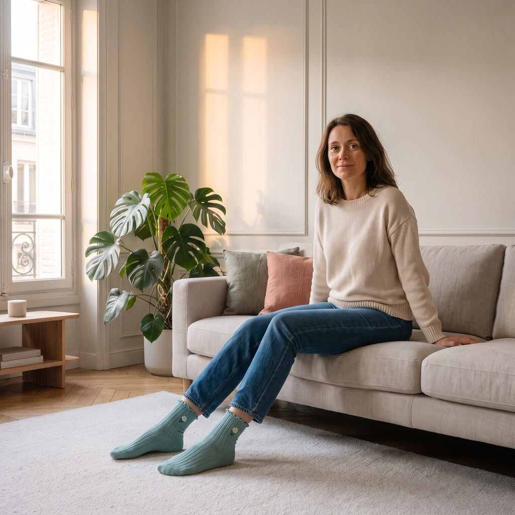 Chaussettes à volants vertes à fleurs brodées portées