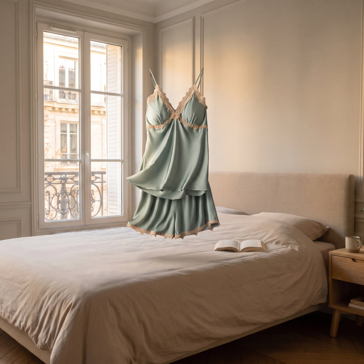 Pyjama en dentelle vert sans corps, montrant la coupe
