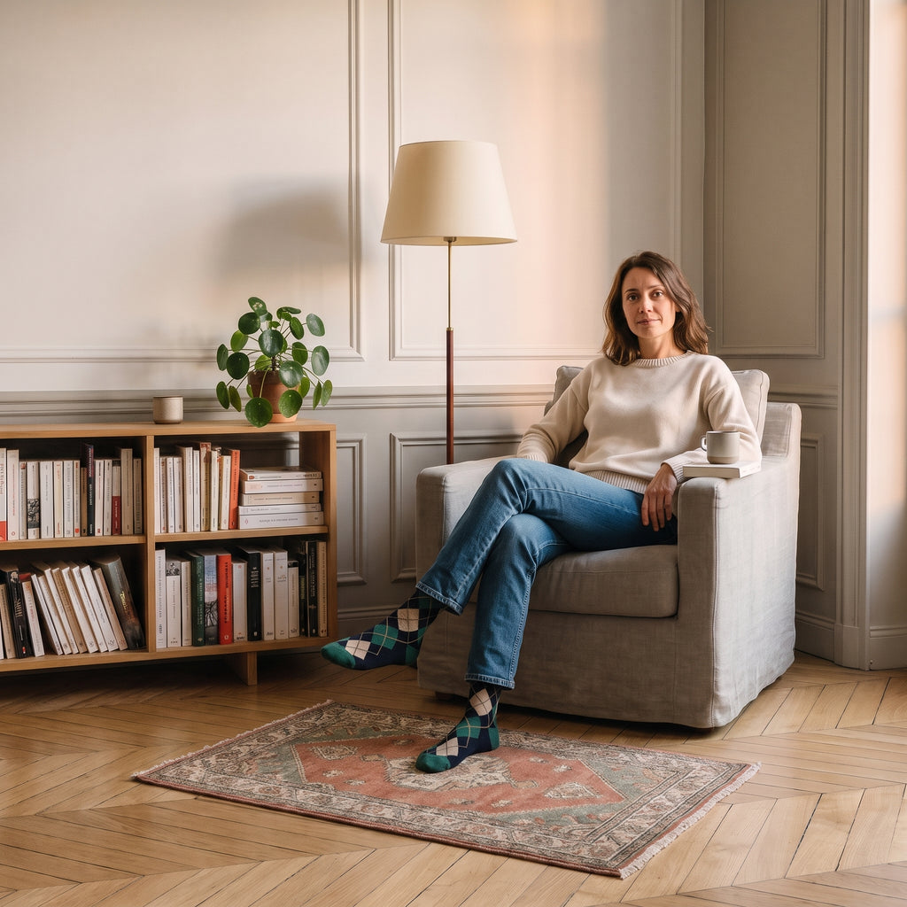 Chaussettes vertes à losanges jacquard portées aux pieds dans un coin lecture