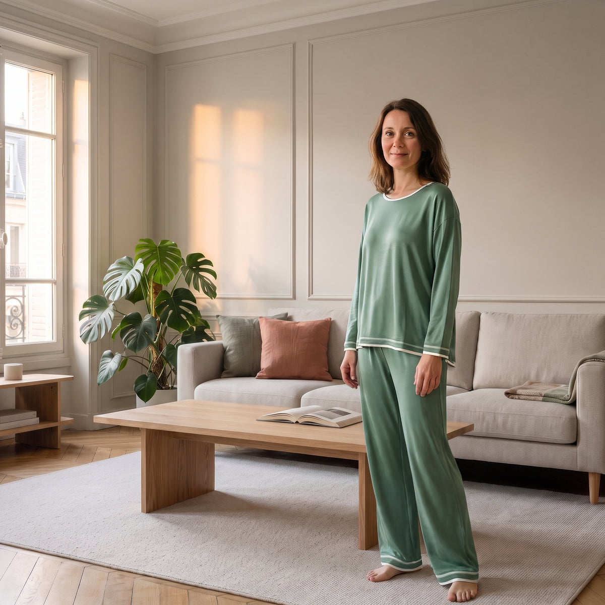 Pyjama coton et modal vert porté par une femme dans le salon