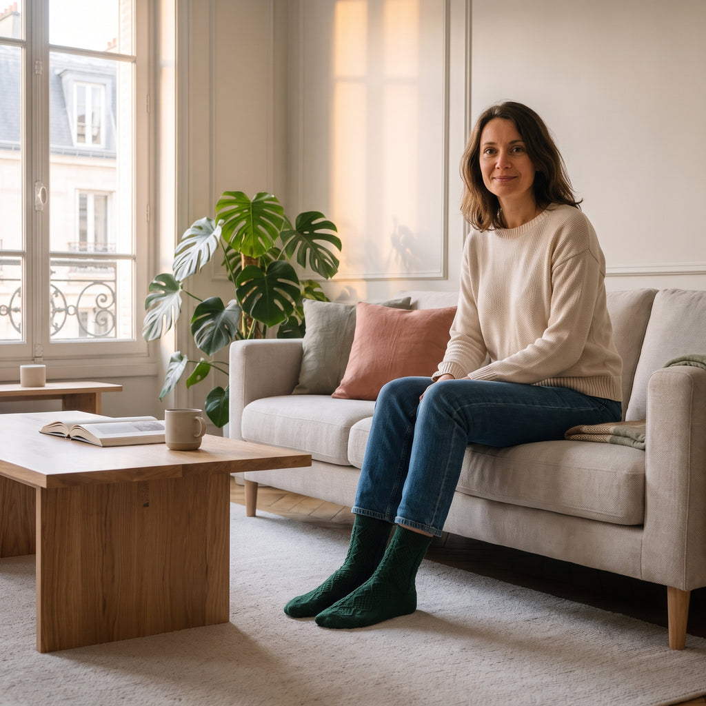 Chaussettes tricotées vertes à motif torsadé portées