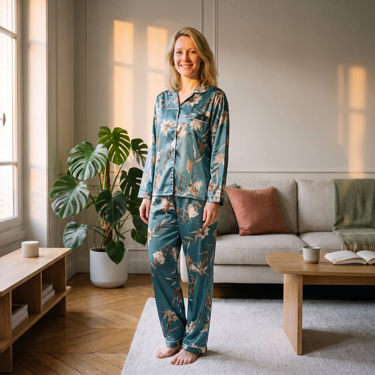 Pyjama en satin vert porté par une femme