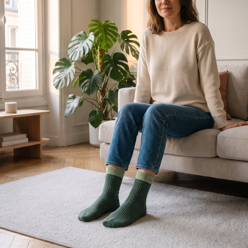 Chaussettes unies vertes à revers contrastant portées