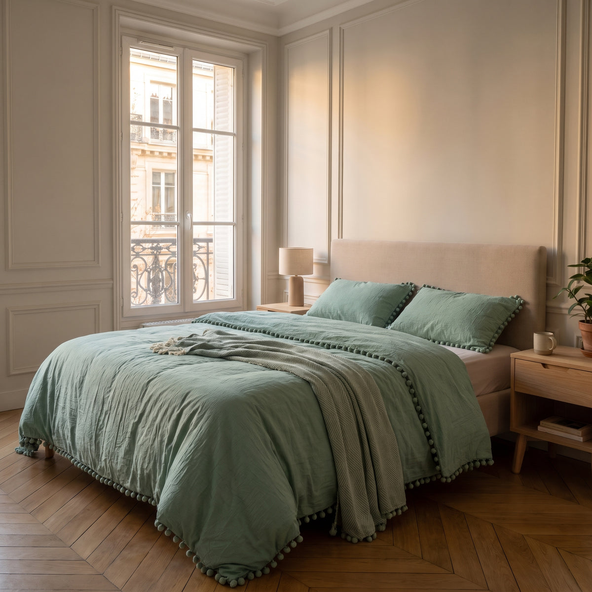 Housse de couette à pompons verte