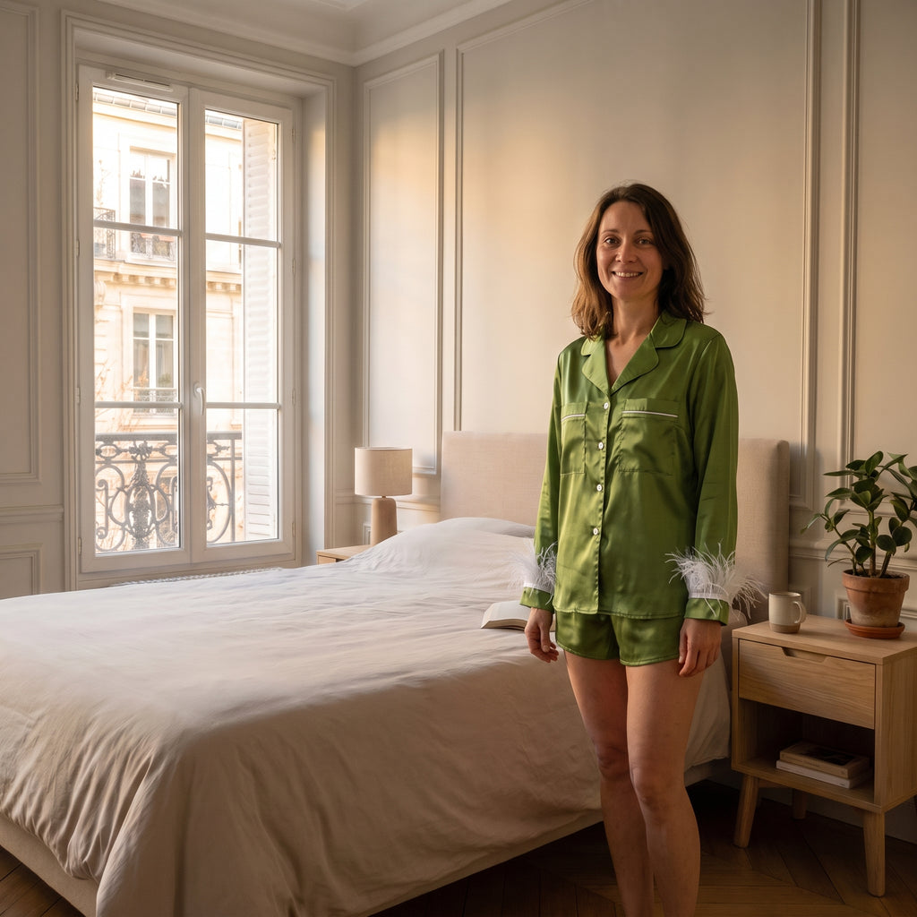 Pyjama d'été à plumes vert porté