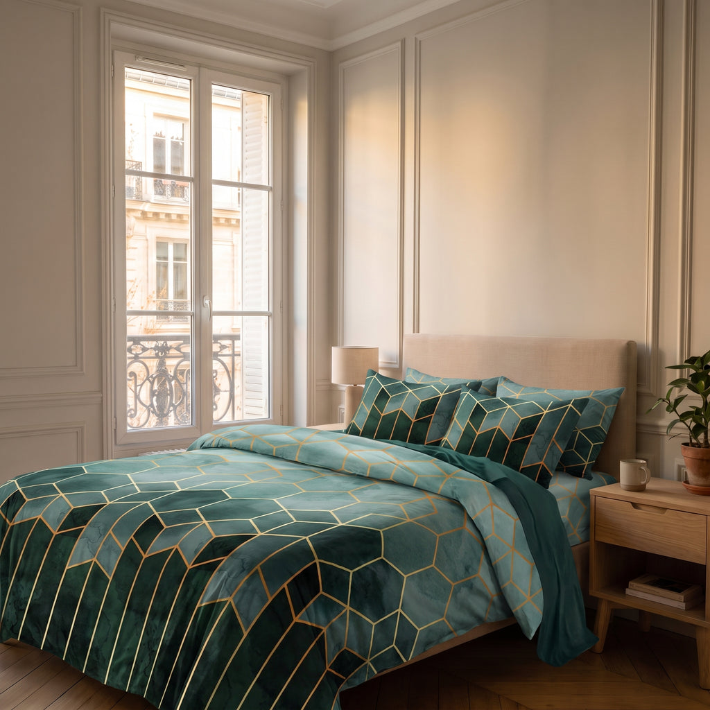 Housse de couette géométrique verte à lignes dorées