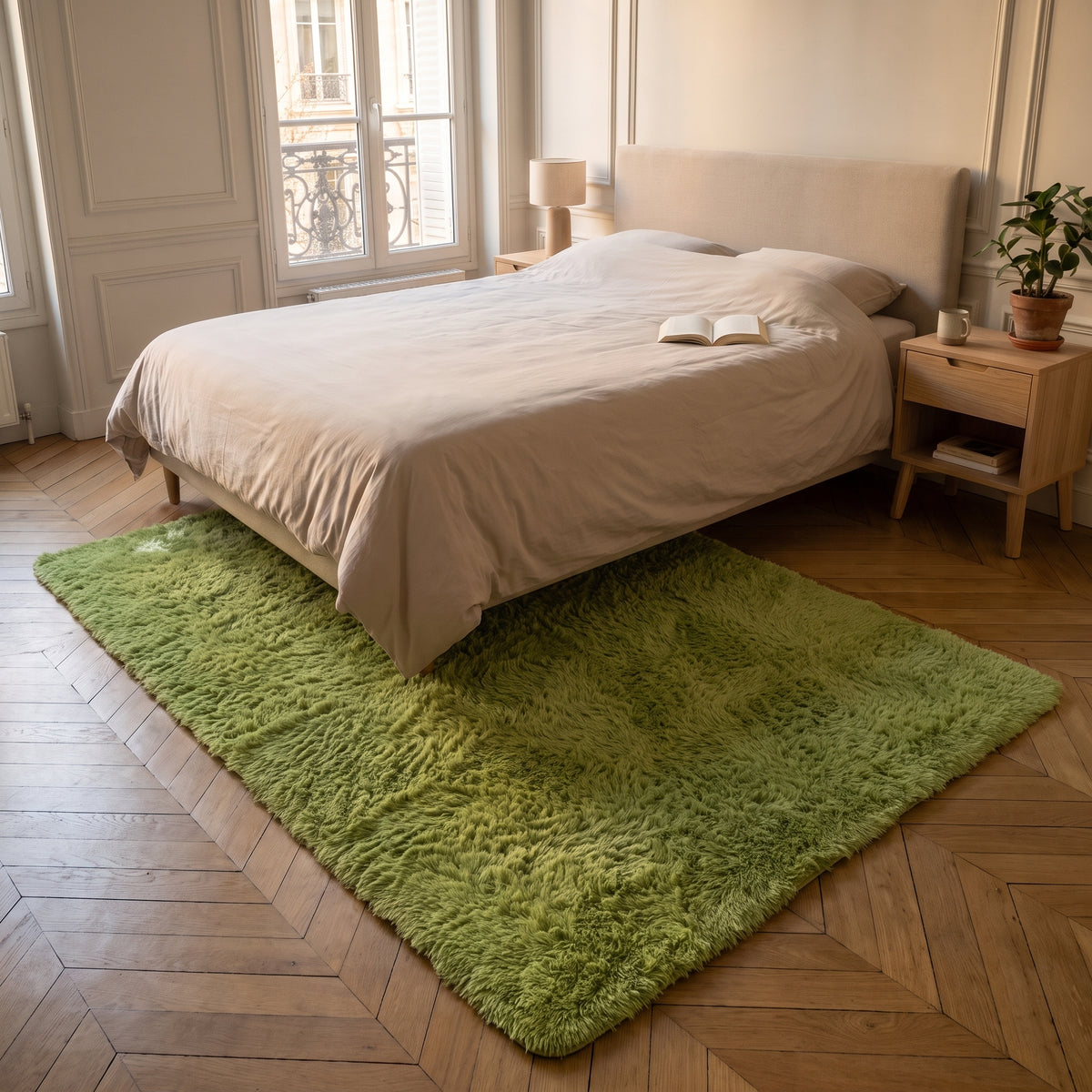 Tapis à poils longs vert olive au pied du lit, sur le parquet à chevrons de la chambre