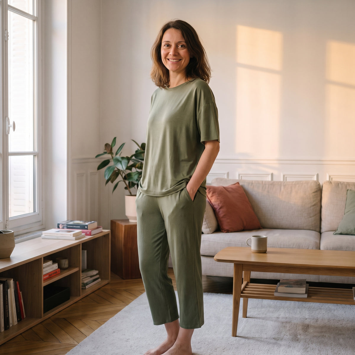 Ensemble d'intérieur en viscose vert porté par une femme