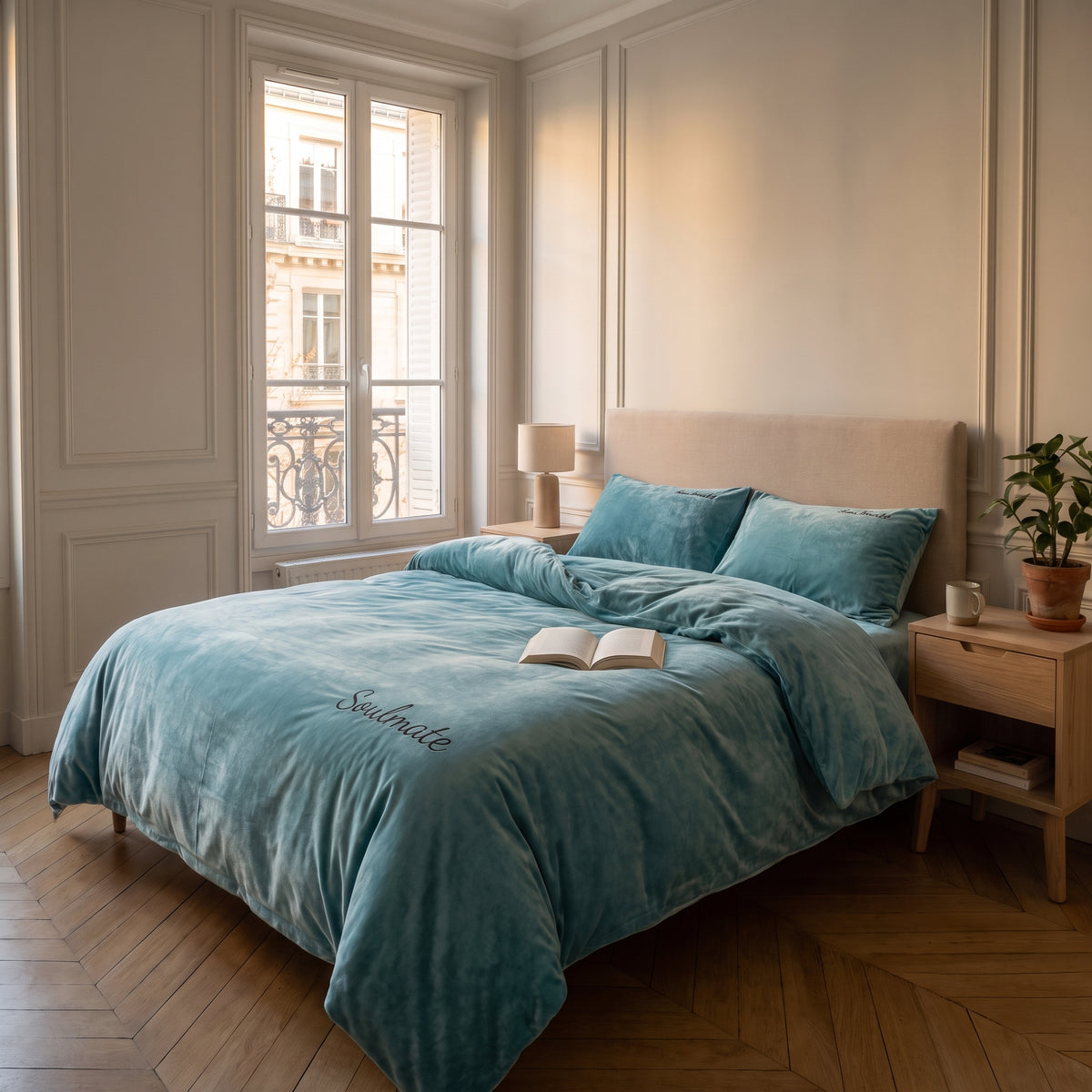 Housse de couette imitation velours verte