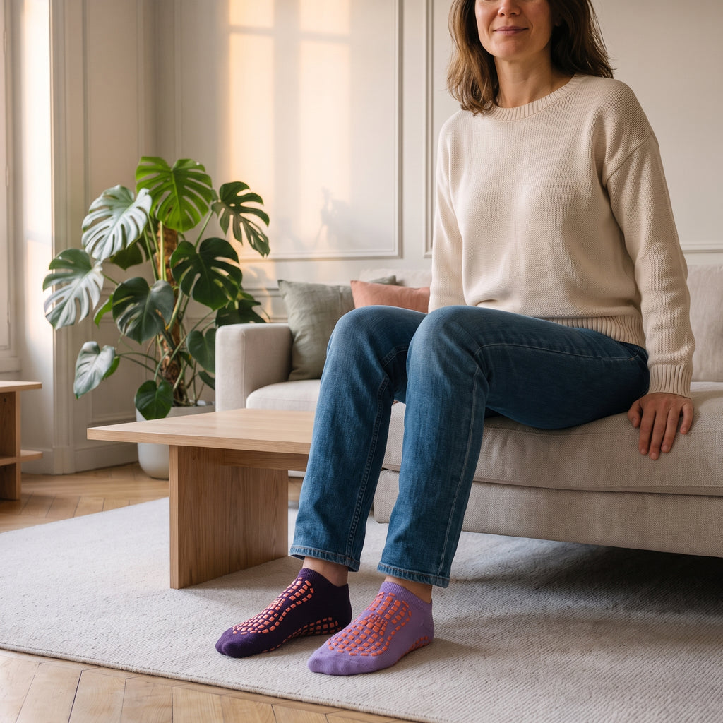 Chaussettes antidérapantes violet foncé portées aux pieds