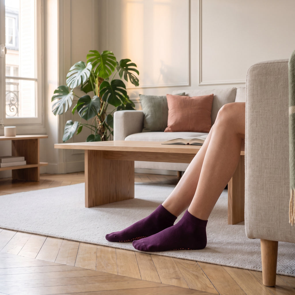 Chaussettes basses antiderapantes coloris violet foncé, portees dans le salon