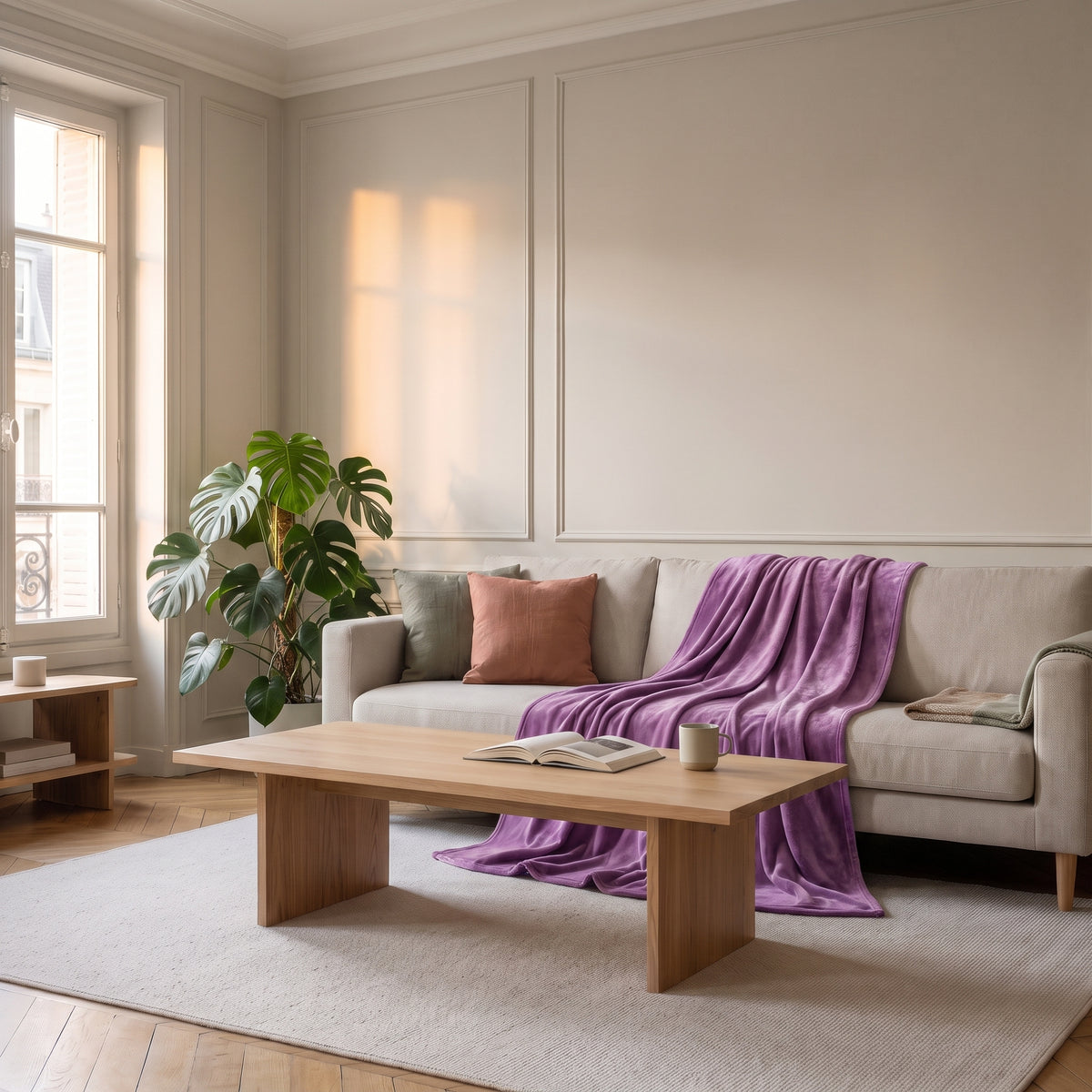 Plaid en flanelle violet foncé jeté sur un canapé