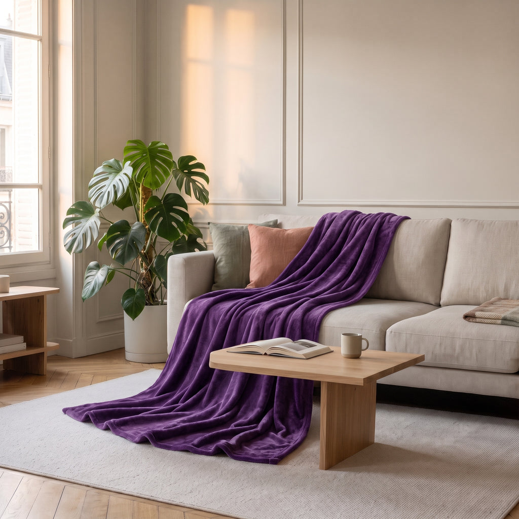 Plaid en flanelle violet profond jeté sur un canapé