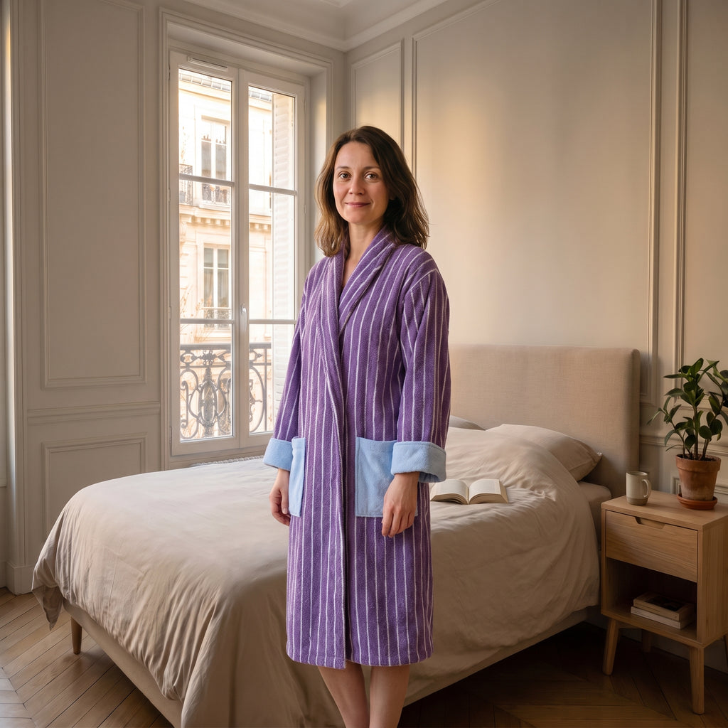 Peignoir femme à capuche, motif violet rayé, porté de face
