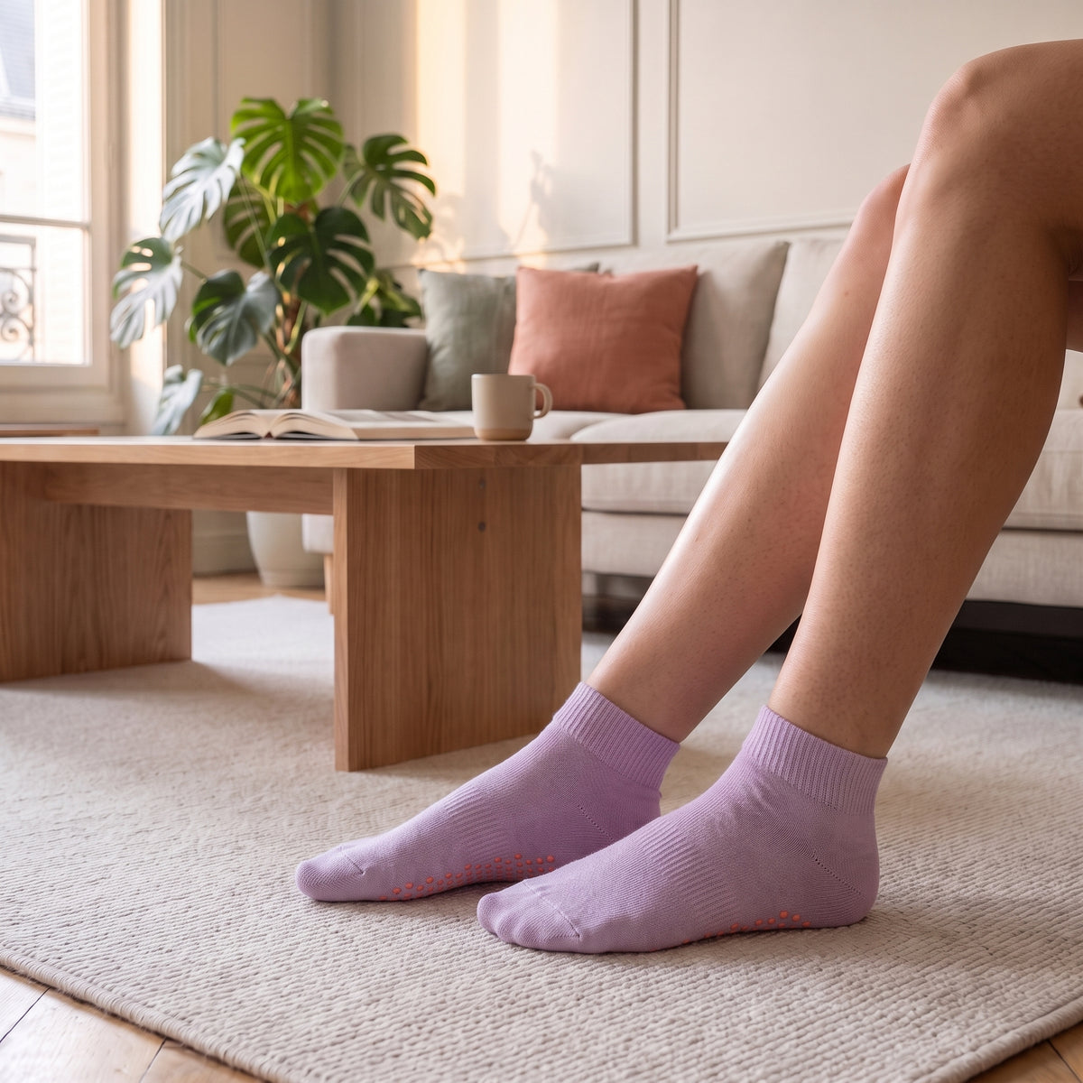 Chaussettes basses antiderapantes coloris violet, portees dans le salon