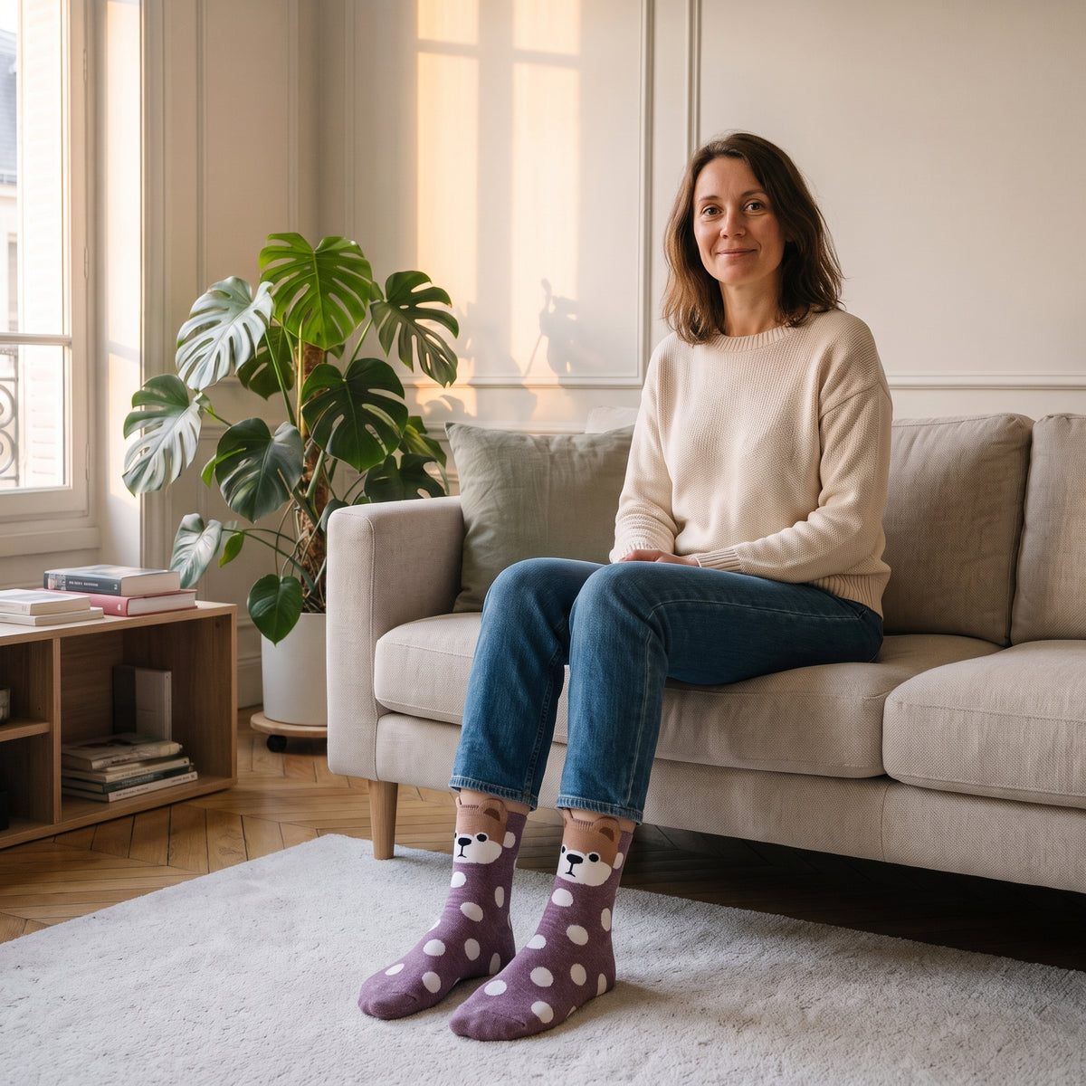 Chaussettes tête de chien violettes à pois portées