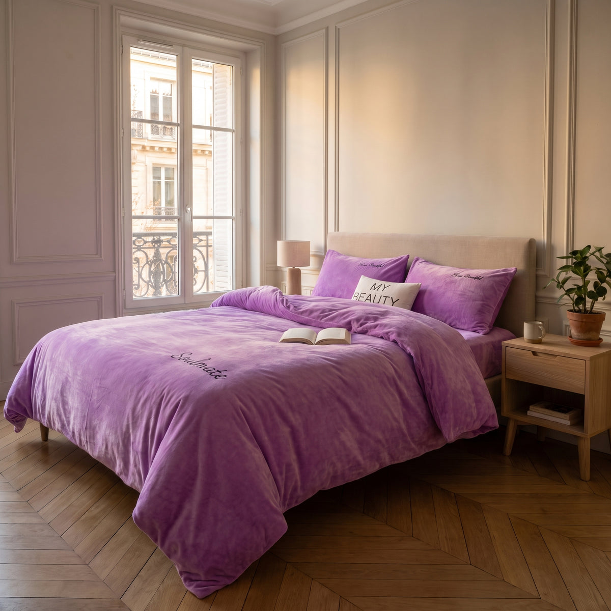 Housse de couette imitation velours violette