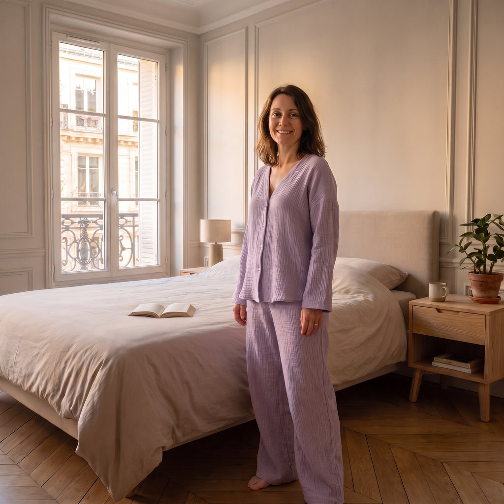 Ensemble en gaze de coton violet porté dans une chambre