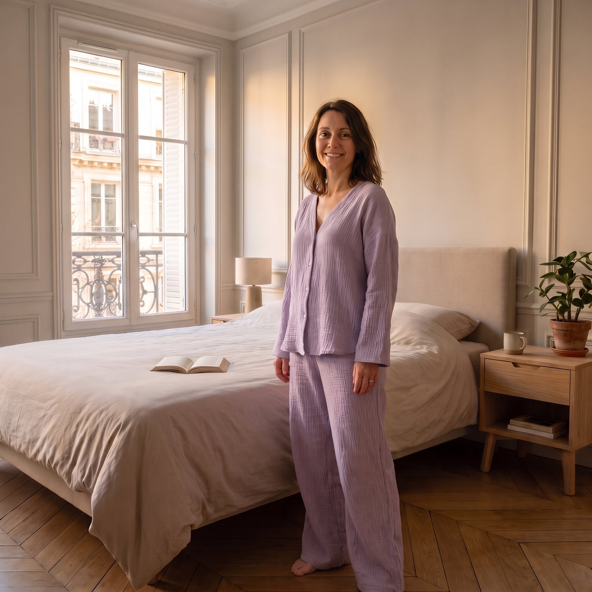Ensemble en gaze de coton violet porté dans une chambre