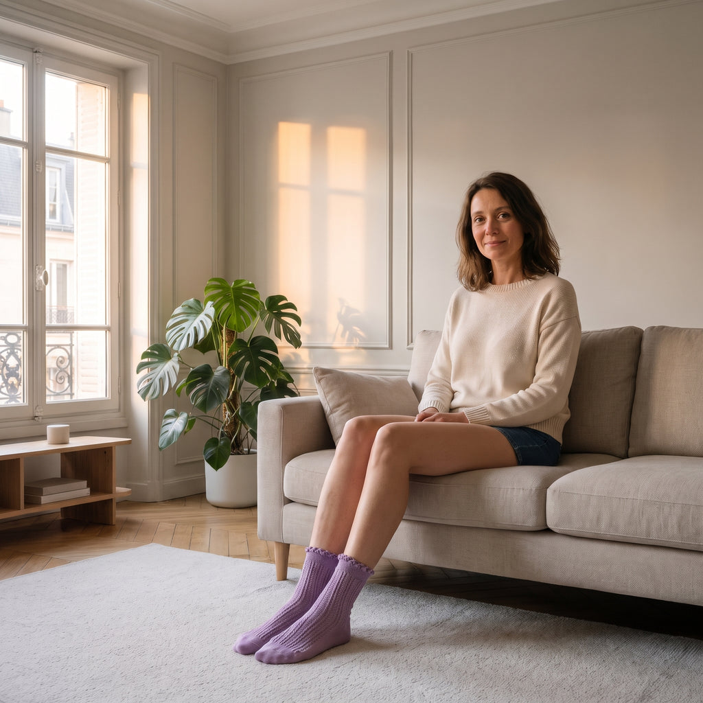 Chaussettes à volants violettes portées