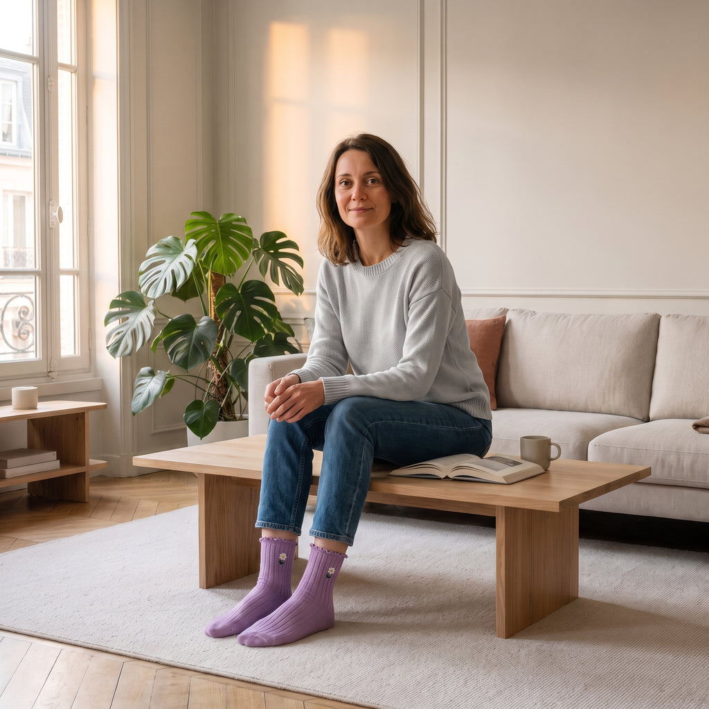 Chaussettes à volants violettes à fleurs brodées portées