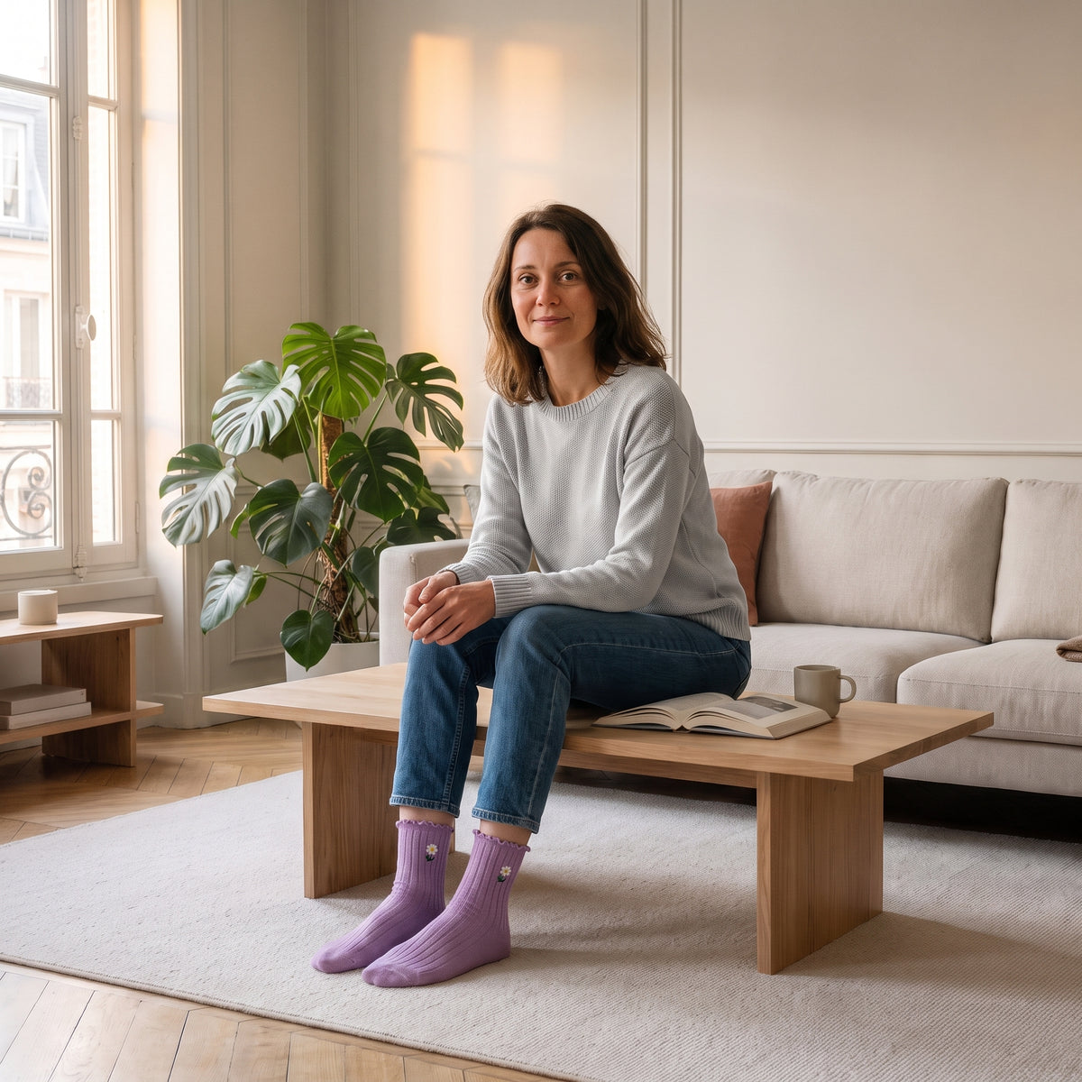 Chaussettes à volants violettes à fleurs brodées portées