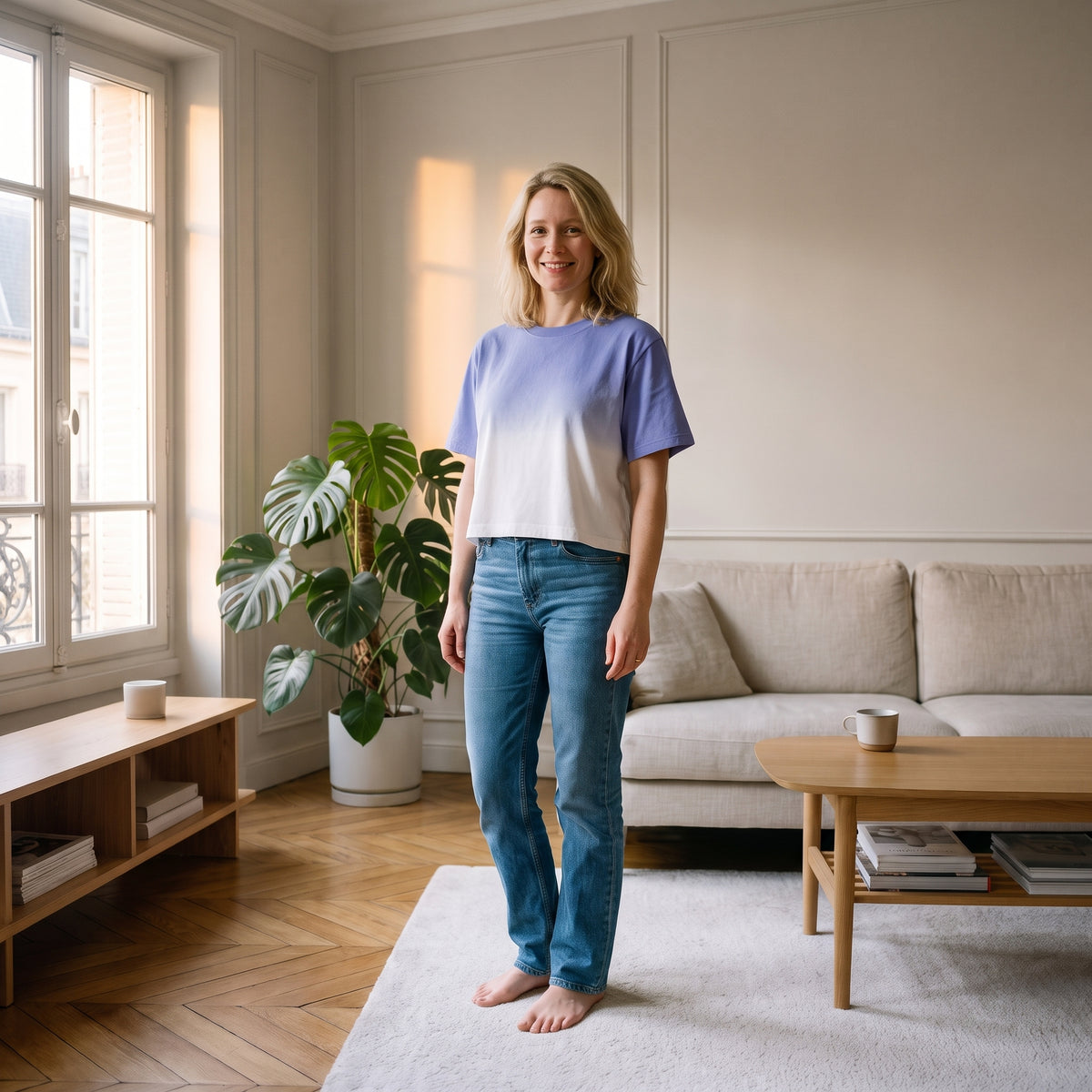 Crop-top bicolore violet porté par une femme