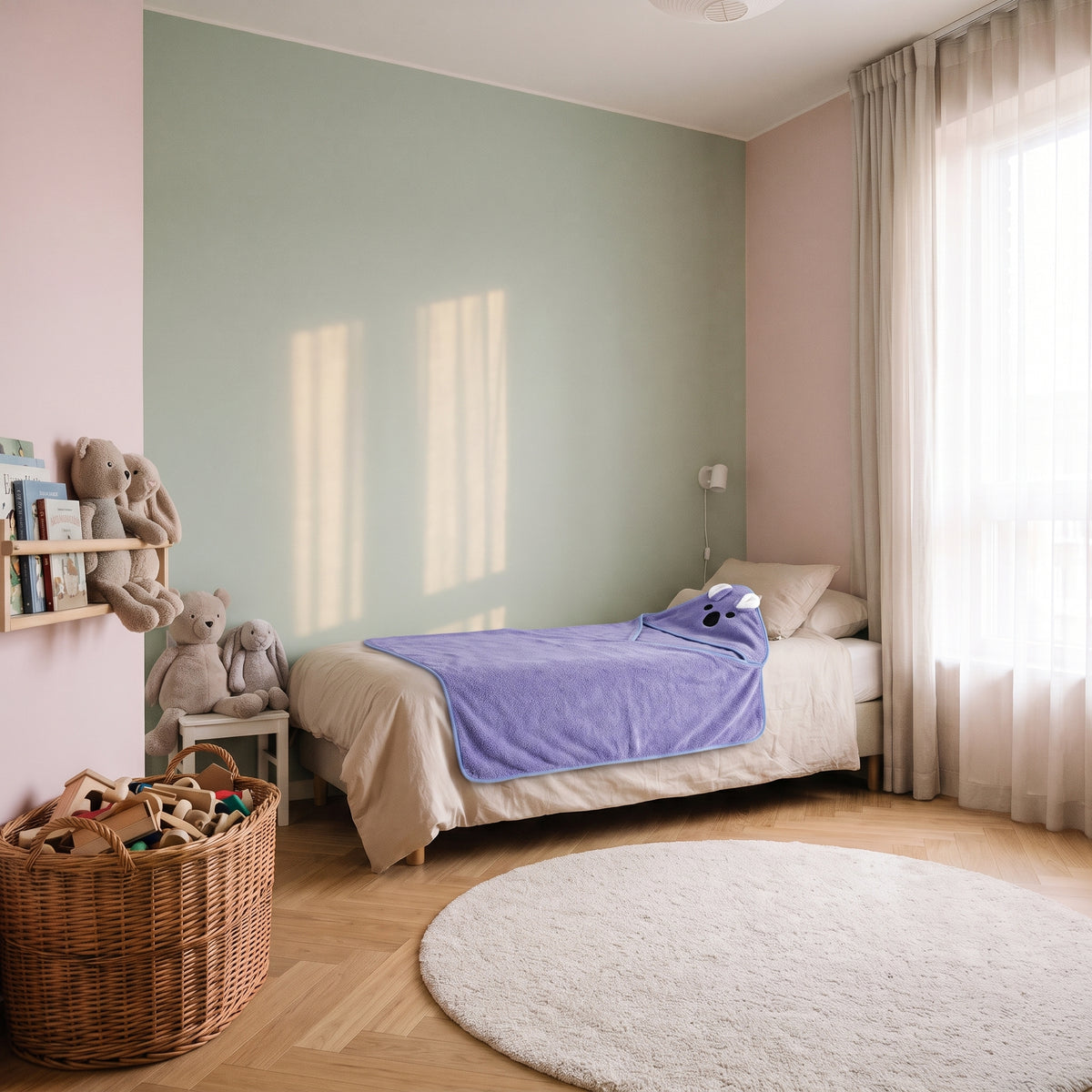 Cape de bain bébé violette à capuche animal posée sur le lit d'enfant