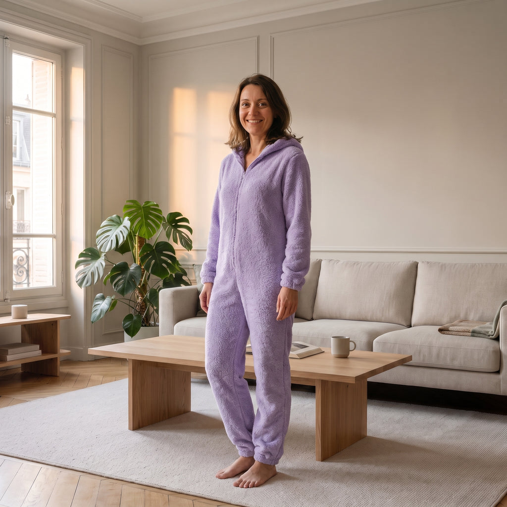 Combinaison polaire violette à capuche pour femme