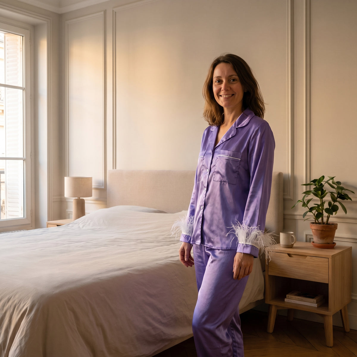 Pyjama d'été à plumes violet porté