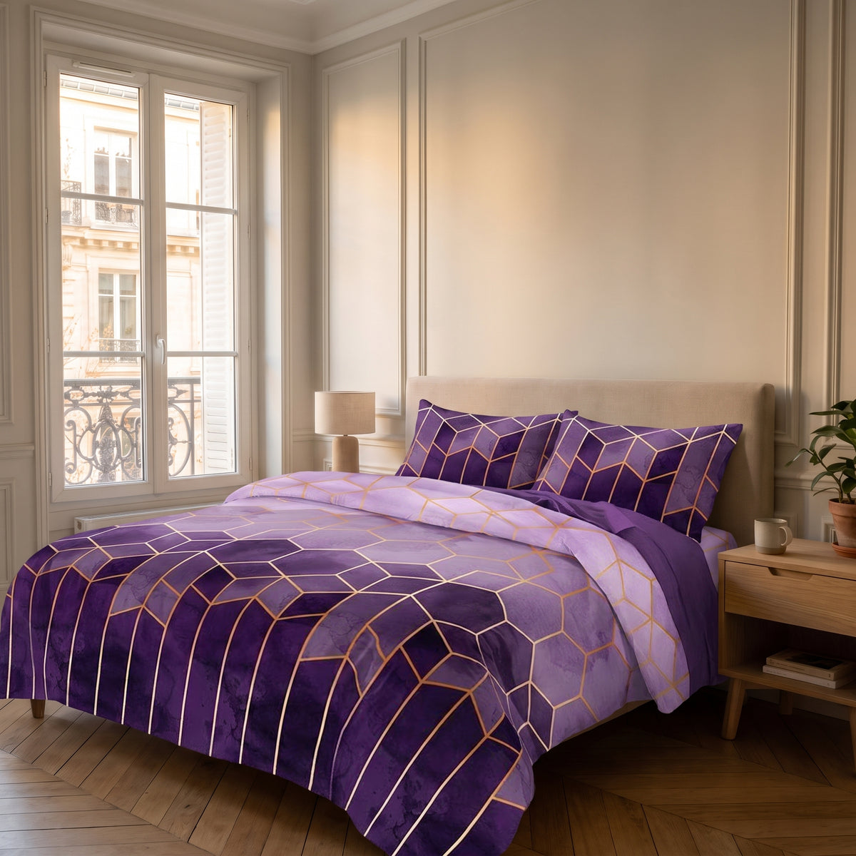 Housse de couette géométrique violette à lignes dorées