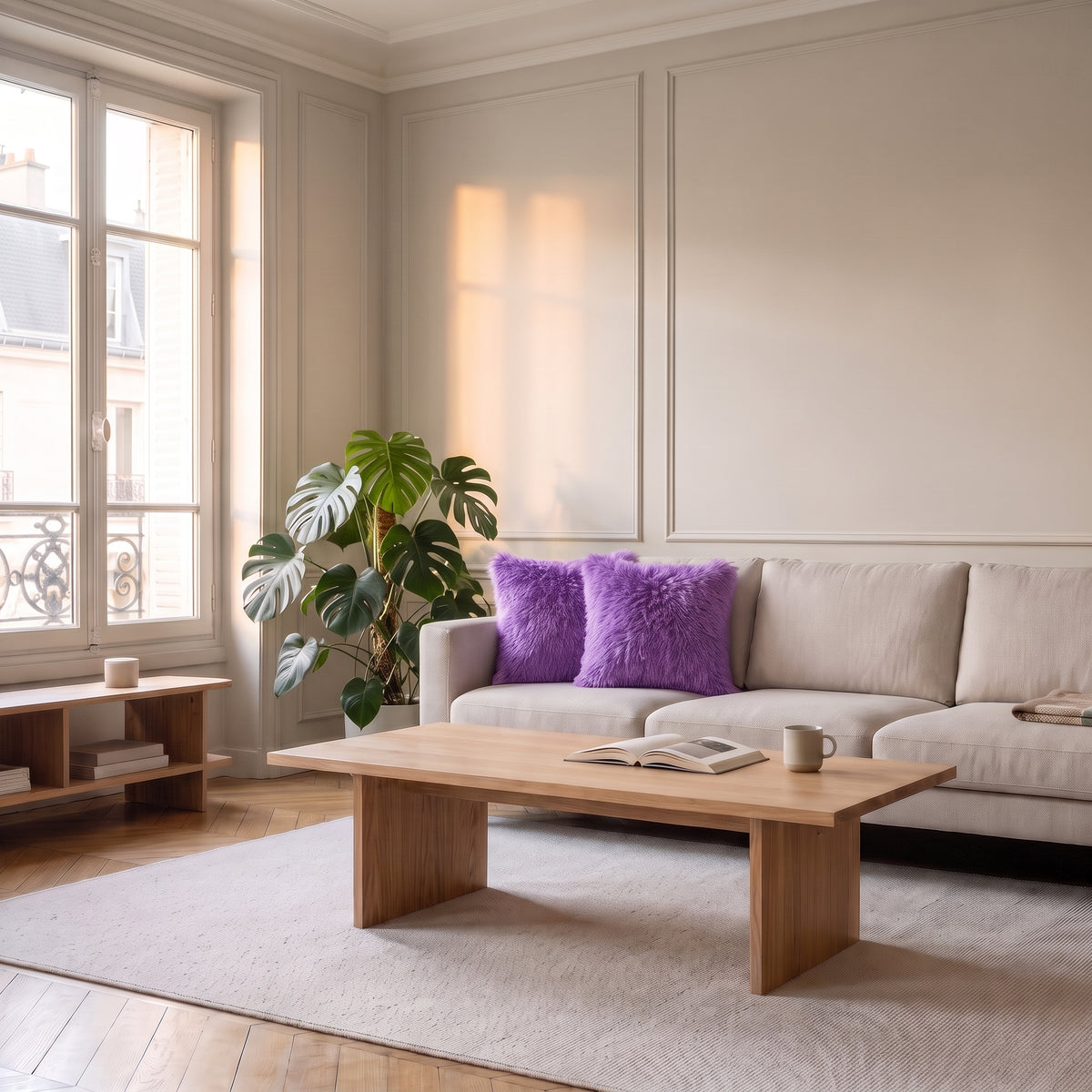 Housse de coussin en fausse fourrure violette