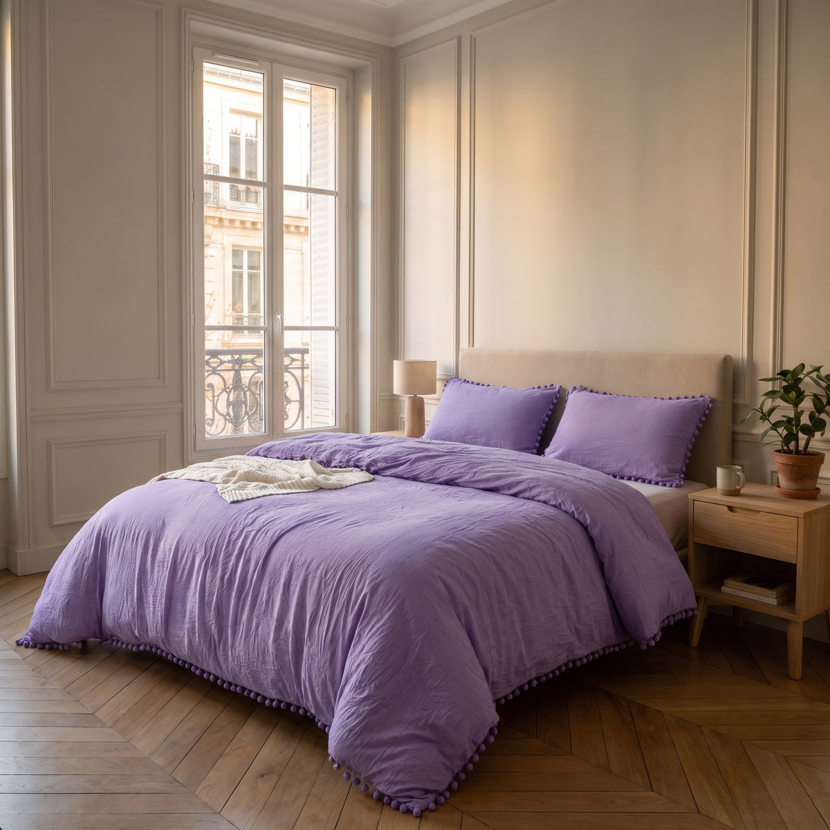 Housse de couette à pompons violette