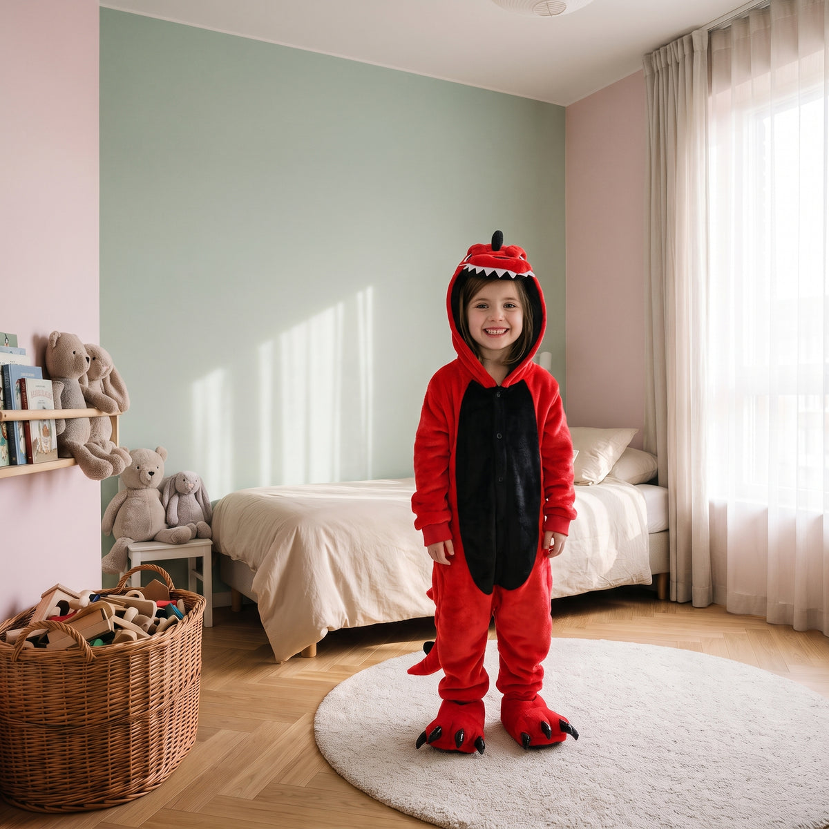 Enfant portant la combinaison pyjama dinosaure rouge à capuche Image