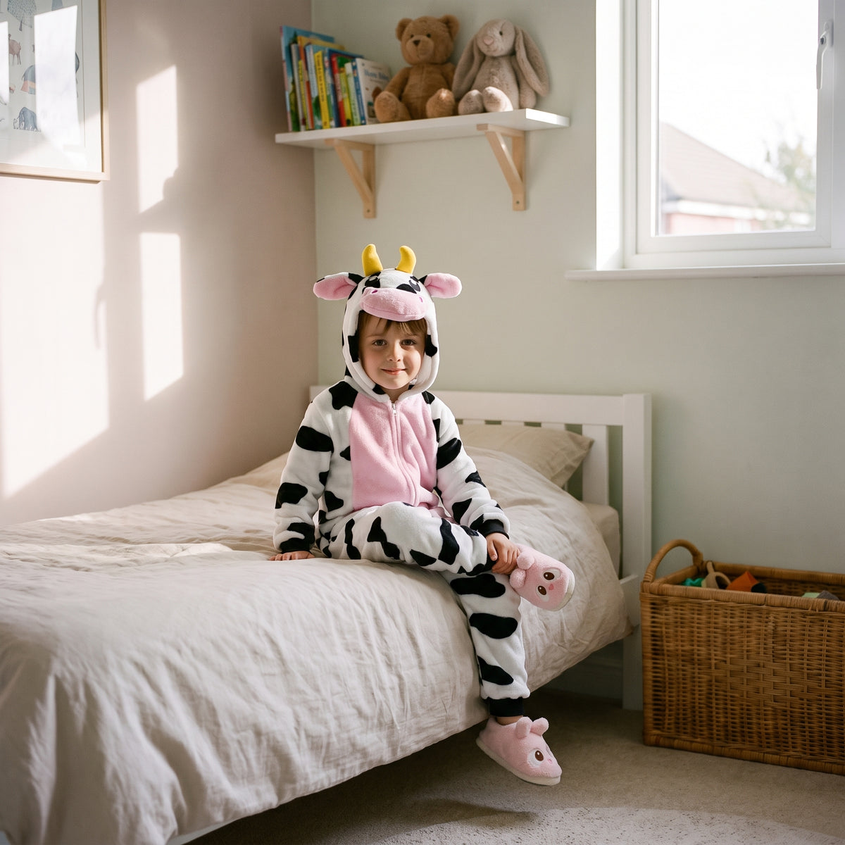 Enfant portant la combinaison pyjama vache à capuche Image
