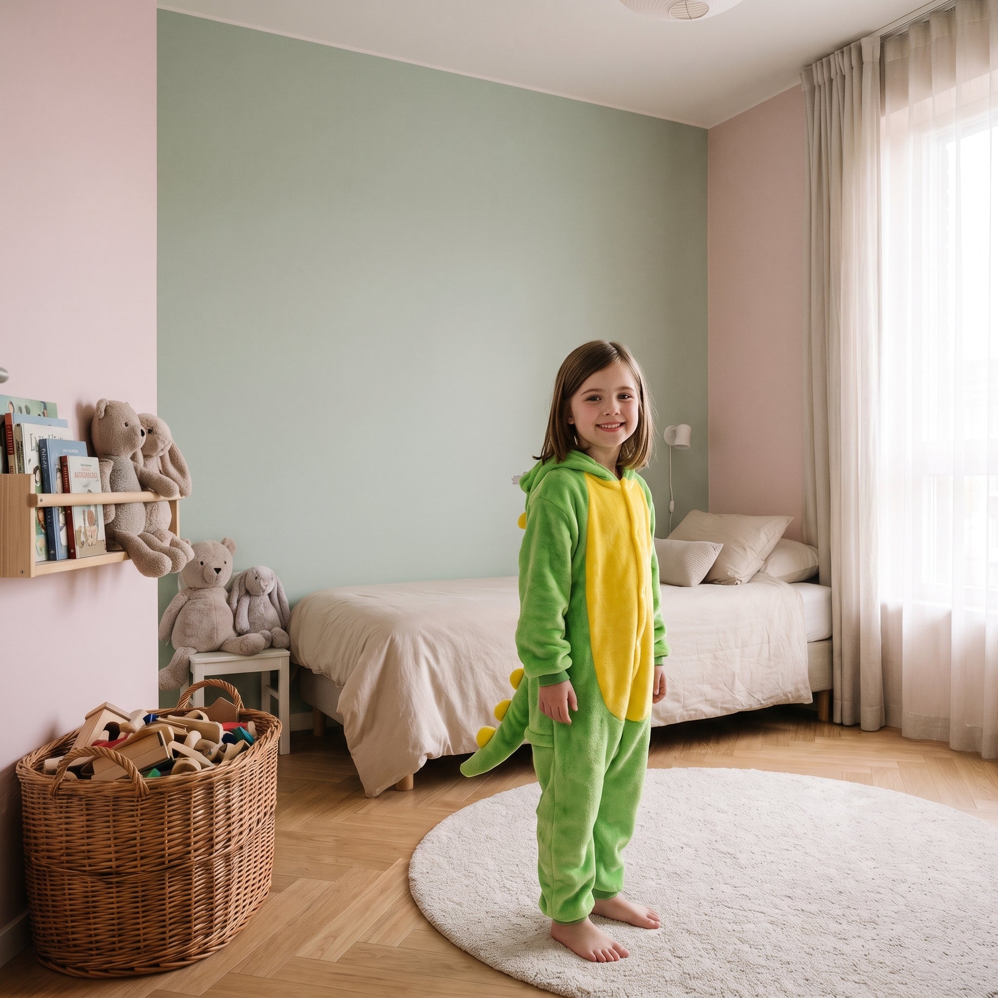 Enfant portant la combinaison pyjama dinosaure vert à capuche Image