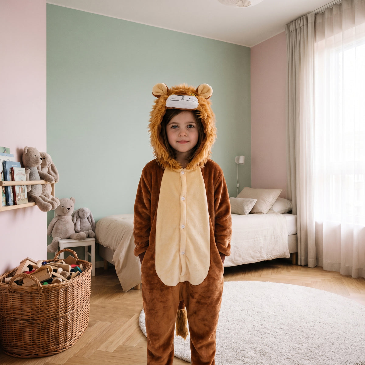 Enfant portant la combinaison pyjama lion brun à capuche Image