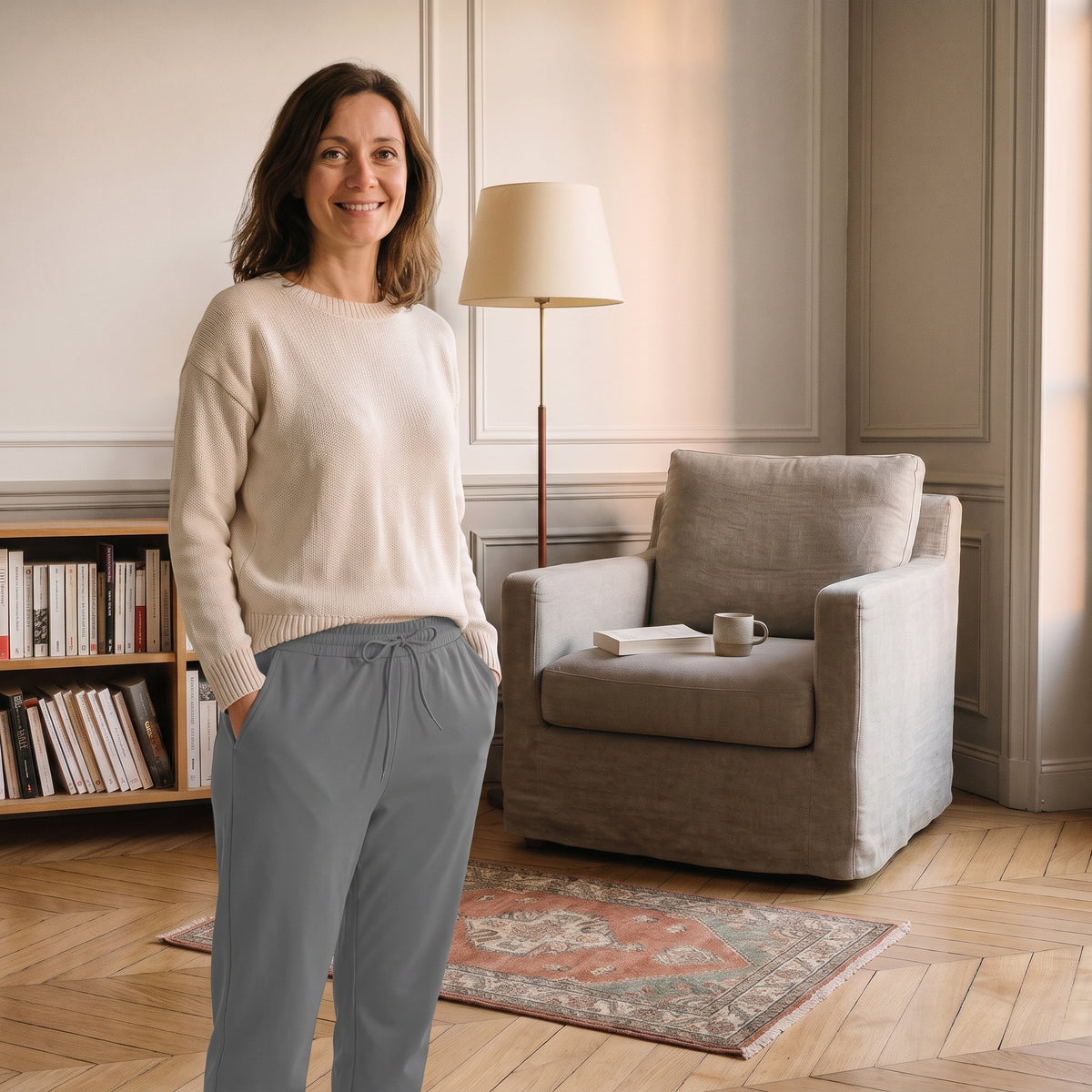 Jogging léger femme gris porté avec cordon visible dans un coin lecture
