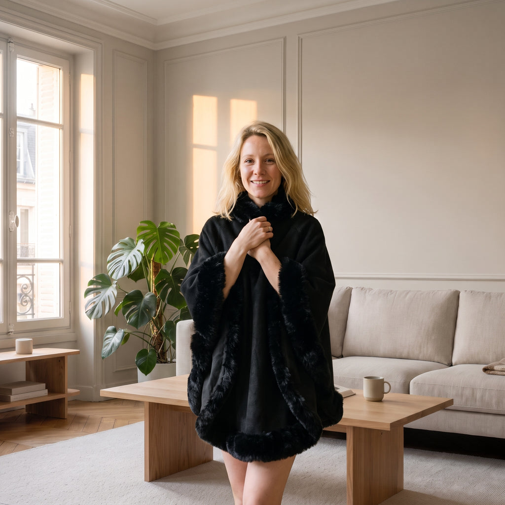 Poncho femme épais noir porté dans un salon, les mains croisées sur le col