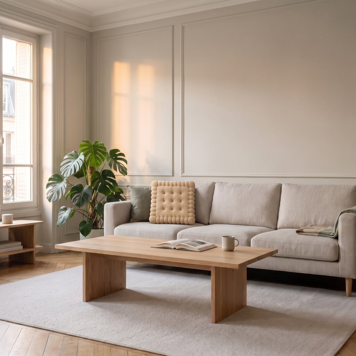 Coussin biscuit beige posé dans le salon Image