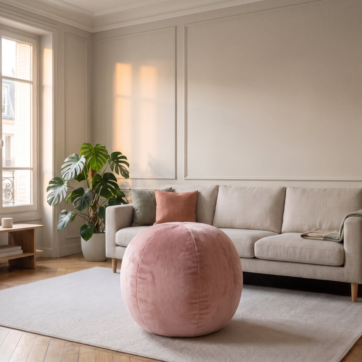 Coussin boule rose en bouclette, vu seul Image