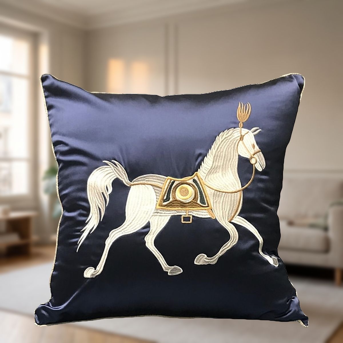 Coussin bleu au cheval blanc, packshot frontal