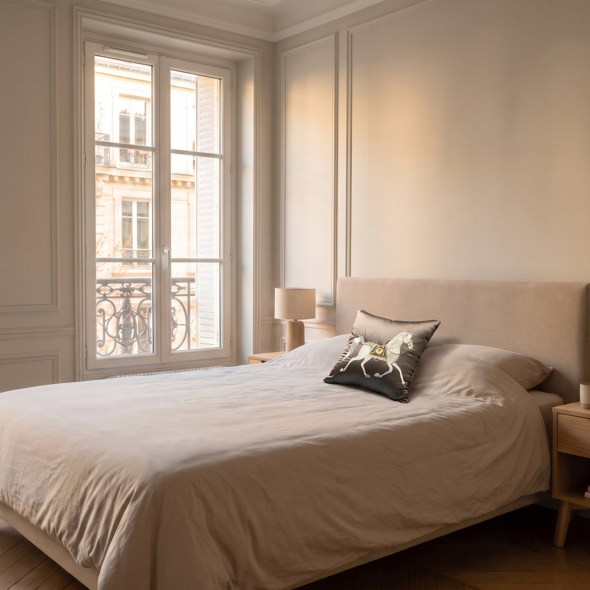 Coussin cheval oriental gris clair intégré sur un lit fait