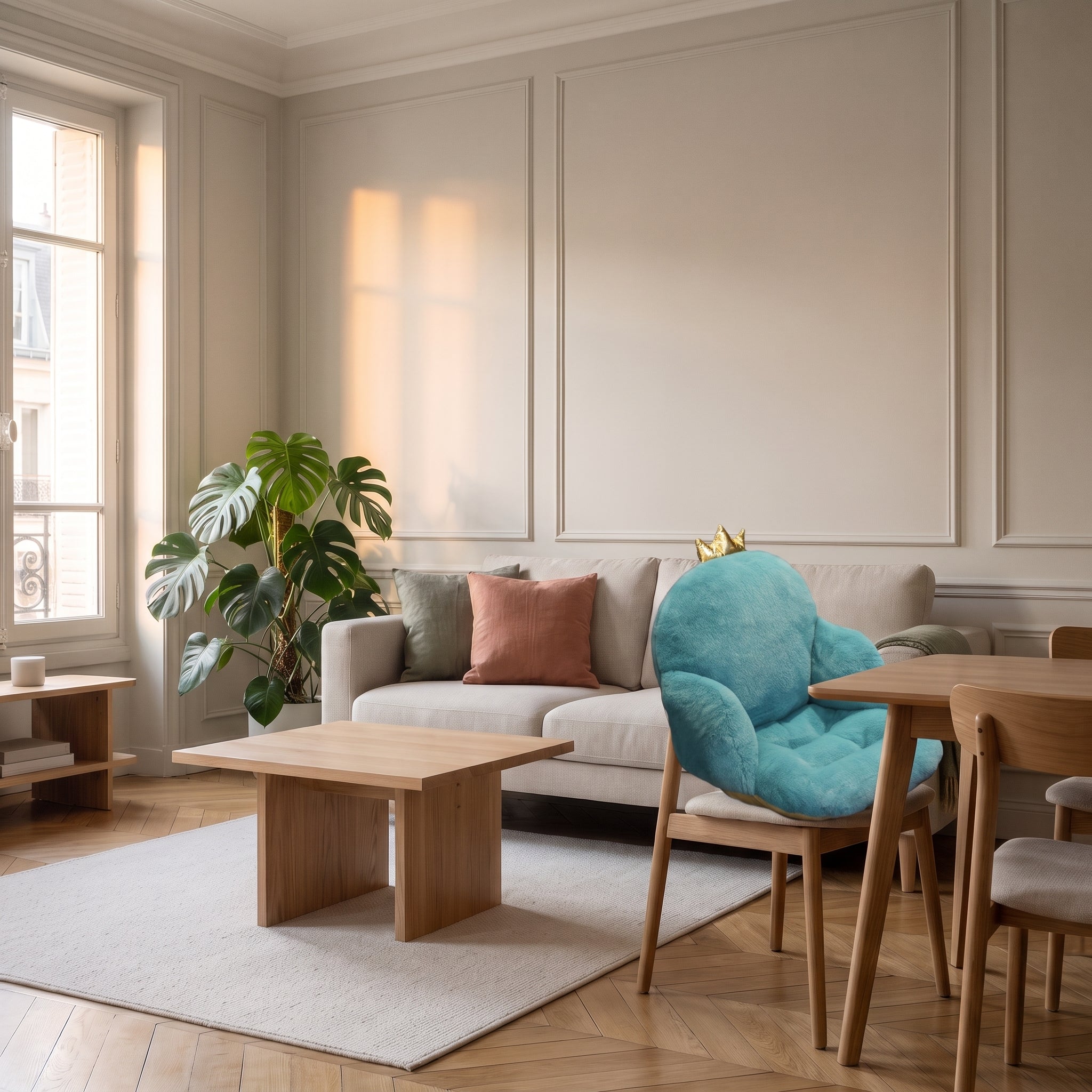 Coussin de chaise bleu installé dans un coin repas lumineux Image